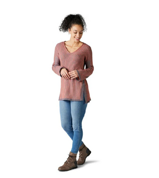 Свитер женский Smartwool Women's Shadow Pine V-Neck Rib Sweater, Sparrow Heather/Sunset Coral Heather, M (SW SW016486.H47-M)